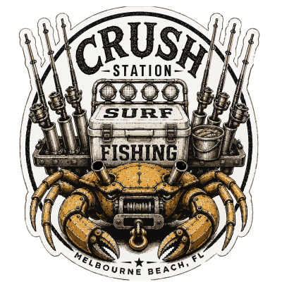 Crush Station Surf Fishing emblem with a crab, fishing cart, and rods